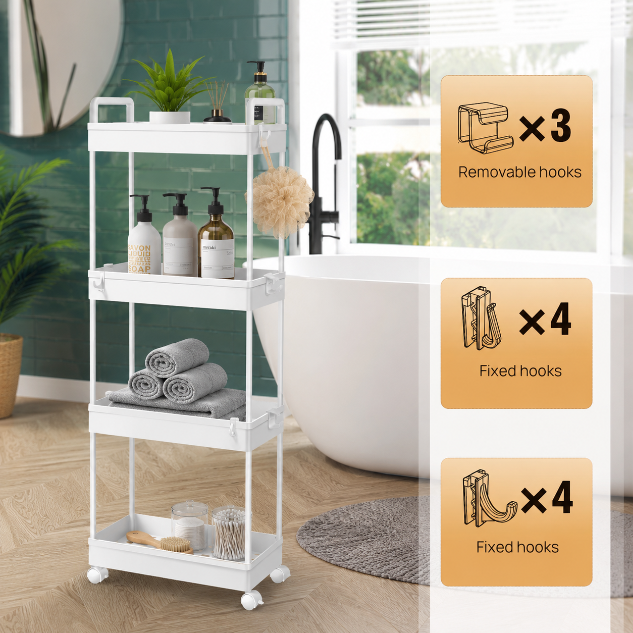 3/4/5 Tier Storage Trolley Cart on Wheels Slim Rolling Slide-Out Slim Utility Cart Storage Shelving Organizer for Kitchen Laundry Narrow Space Rack Space-Saving Bathroom Bedside Trolley