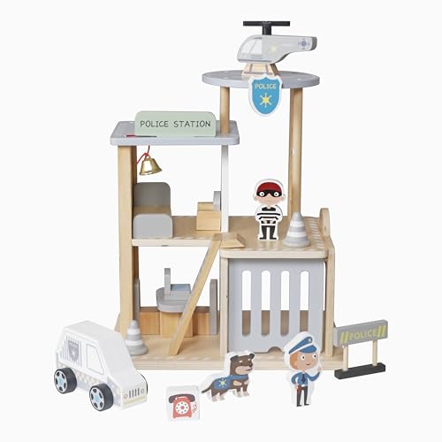 HYGRAD® Wooden Police Station Playset for Kids – Multilevel Pretend Play Toy Dollhouse, 3-Level with Figures, Car, Helicopter Pad, Prison Cell and Accessories