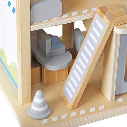 HYGRAD® Wooden Police Station Playset for Kids – Multilevel Pretend Play Toy Dollhouse, 3-Level with Figures, Car, Helicopter Pad, Prison Cell and Accessories