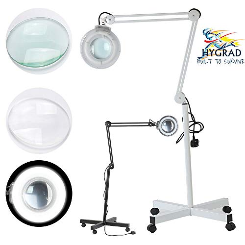 HYGRAD® 5X Magnifier Vertical Clip Floor Stand Lamp Glass Adjustable Rolling Diopter Salon SPA Beauty Makeup Skincare Nail Tattoo Light Magnifying Tool (White)