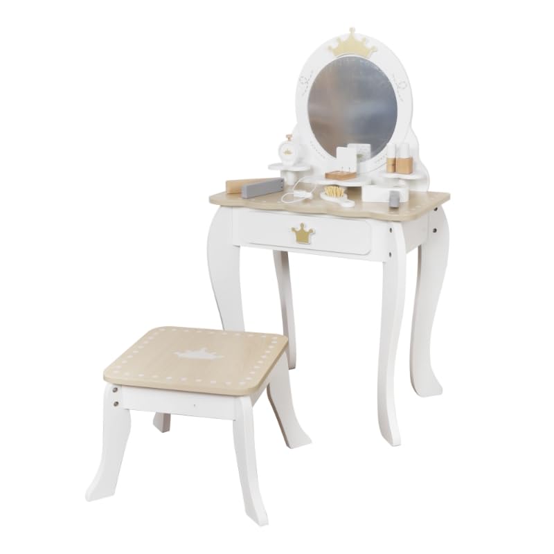 HYGRAD® Girls Dressing Table With Mirror and Stool Childrens Wooden Kids Vanity Table Childs Dressing Table Set for a Kid, Children Aged (3-8) (Oak Dressing Table With Accessory Set)