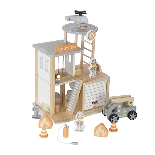 HYGRAD® Wooden Fire Station Play Set - Fire Station with Helicopter Landing Area, Fire Engine, Helicopter, 2 Figures & Accessories - Children's Toy from 3 Years