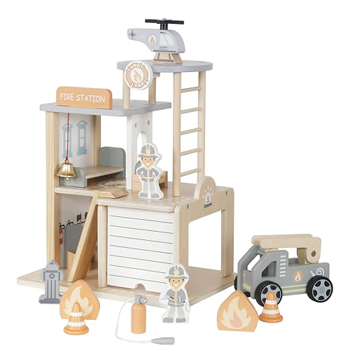HYGRAD® Wooden Fire Station Play Set - Fire Station with Helicopter Landing Area, Fire Engine, Helicopter, 2 Figures & Accessories - Children's Toy from 3 Years