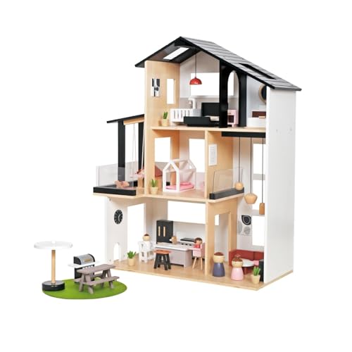 HYGRAD Large Wooden Doll House Luxury Villa Style Doll House Play Set Kids Role Play Doll House With 49Pcs Accessories 3 floor and Front Garden Balcony Lavish Design Villa Doll House