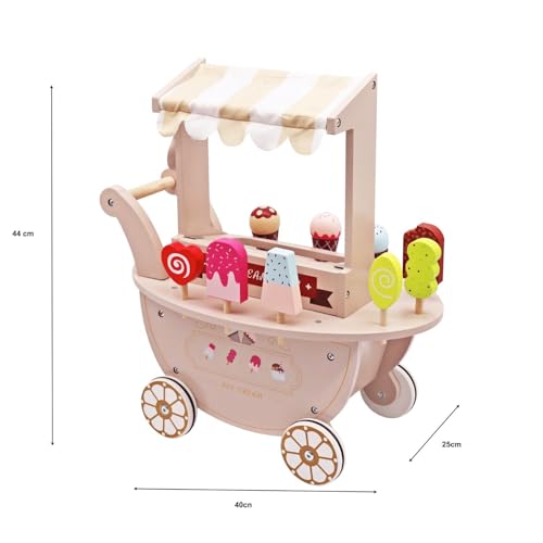 HYGRAD Wooden Ice Cream Toy Shop Kids Educational Early Years Wooden Ice Cream Cart Vendor Toy Role Play Ice Cream Shop Gift For 3-6 Year Olds