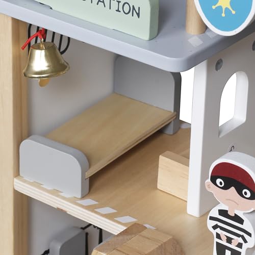 HYGRAD® Wooden Police Station Playset for Kids – Multilevel Pretend Play Toy Dollhouse, 3-Level with Figures, Car, Helicopter Pad, Prison Cell and Accessories