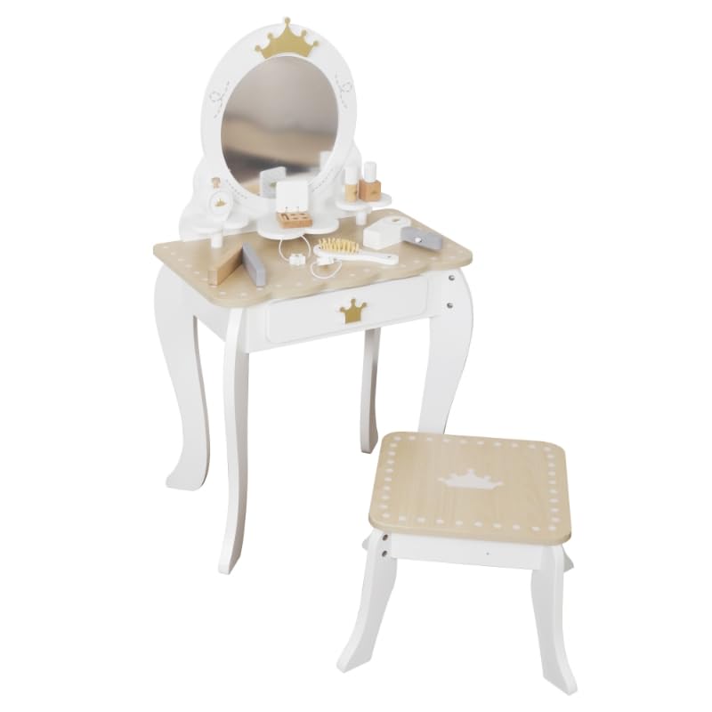 HYGRAD® Girls Dressing Table With Mirror and Stool Childrens Wooden Kids Vanity Table Childs Dressing Table Set for a Kid, Children Aged (3-8) (Oak Dressing Table With Accessory Set)