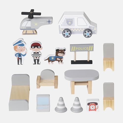 HYGRAD® Wooden Police Station Playset for Kids – Multilevel Pretend Play Toy Dollhouse, 3-Level with Figures, Car, Helicopter Pad, Prison Cell and Accessories