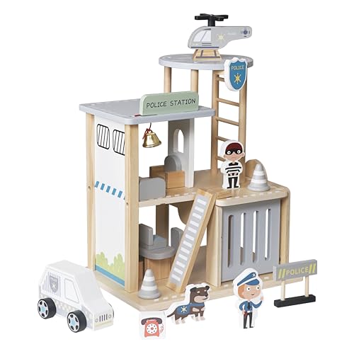 HYGRAD® Wooden Police Station Playset for Kids – Multilevel Pretend Play Toy Dollhouse, 3-Level with Figures, Car, Helicopter Pad, Prison Cell and Accessories