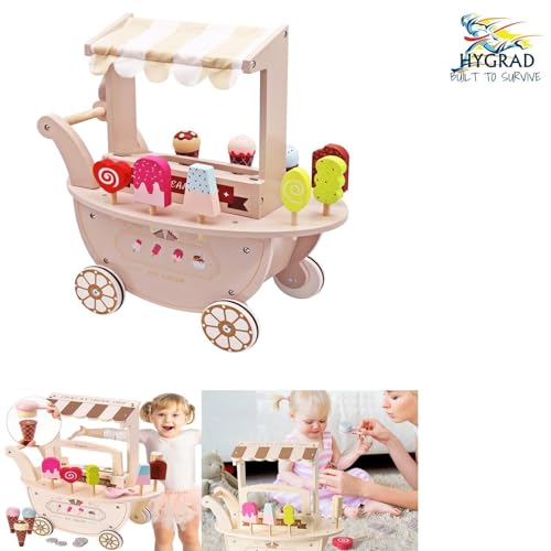 HYGRAD Wooden Ice Cream Toy Shop Kids Educational Early Years Wooden Ice Cream Cart Vendor Toy Role Play Ice Cream Shop Gift For 3-6 Year Olds