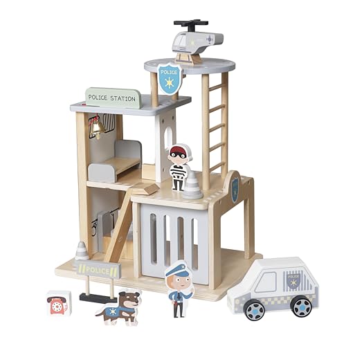 HYGRAD® Wooden Police Station Playset for Kids – Multilevel Pretend Play Toy Dollhouse, 3-Level with Figures, Car, Helicopter Pad, Prison Cell and Accessories