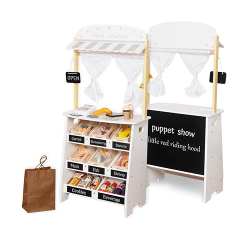 HYGRAD® Kids Grocery Store Playset,Pretend Play Store Toy & Wooden Supermarket Shopping Cart with Toy Cash Register, Play Money & Blackboard;26PCS Food Toys Shop for 3+ year