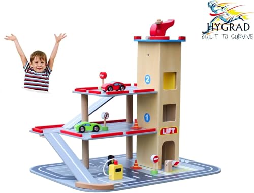 HYGRAD® Wooden 3 Storey Garage Pretend Toy Kids Educational Toy Vehicle Car Role Play Gift Set Best For Birthday Xmas + Accessories
