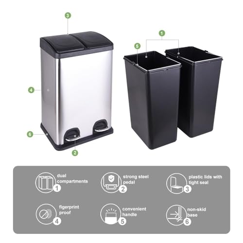 HYGRAD Kitchen Bin Recycling Bin For Kitchen Stainless Steel Triple Compartment Food Waste Bin Removable Inner Bins Kitchen Waste Compartment Bin (40L (2 x 20L Compartments))