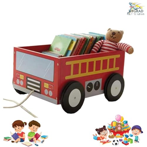 HYGRAD Kids Wooden Toy Box Chest Bus Theme Cart Childrens Toy Storage Cart Pull Along Bedroom Nursery Organiser