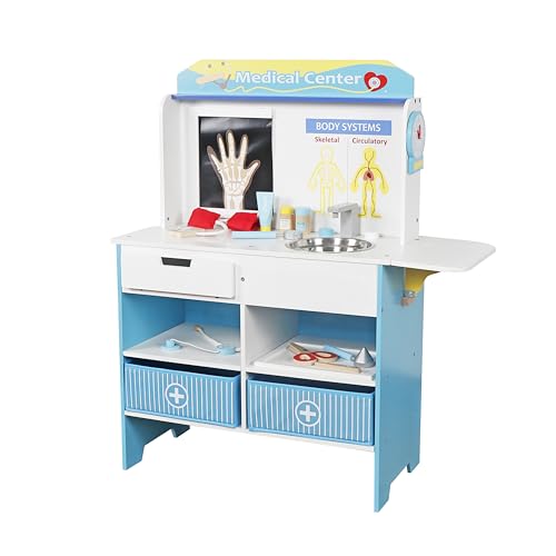 HYGRAD Kids Wooden Doctor Play Set Toy Toddlers Medical Station Hospital Pretend Play Set With 16 Accessories Childrens Medical Kit Toy X Ray Thermometer anatomy chart and More