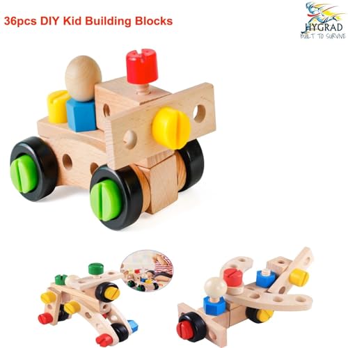 HYGRAD Kids Wooden Nuts And Bolts Building Toy 36Pcs Building DIY Travel Toy Building Blocks Construction Toy For Children Educational And Creative DIY Toys for Ages 3+