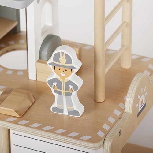 HYGRAD® Wooden Fire Station Play Set - Fire Station with Helicopter Landing Area, Fire Engine, Helicopter, 2 Figures & Accessories - Children's Toy from 3 Years