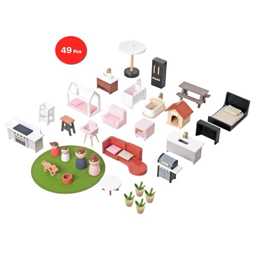 HYGRAD Large Wooden Doll House Luxury Villa Style Doll House Play Set Kids Role Play Doll House With 49Pcs Accessories 3 floor and Front Garden Balcony Lavish Design Villa Doll House