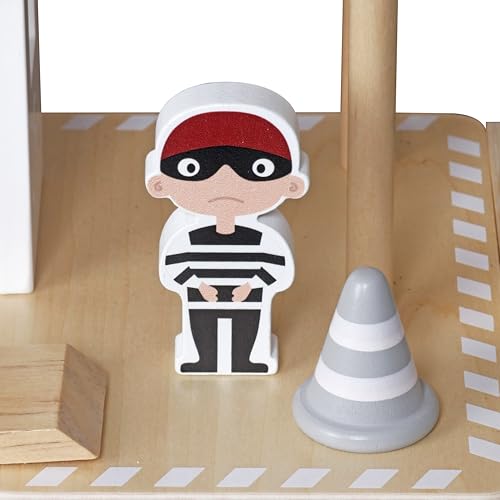 HYGRAD® Wooden Police Station Playset for Kids – Multilevel Pretend Play Toy Dollhouse, 3-Level with Figures, Car, Helicopter Pad, Prison Cell and Accessories