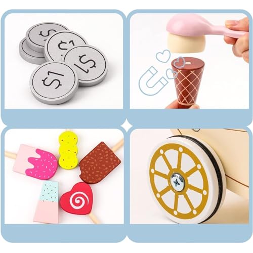 HYGRAD Wooden Ice Cream Toy Shop Kids Educational Early Years Wooden Ice Cream Cart Vendor Toy Role Play Ice Cream Shop Gift For 3-6 Year Olds