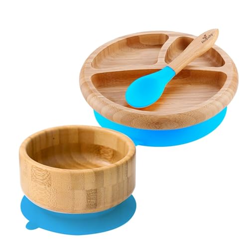 HYGRAD Baby Weaning Feeding Set 3Pc Bamboo Suction Bowl, Plate & Spoon Set Non Toxic Eco-Friendly