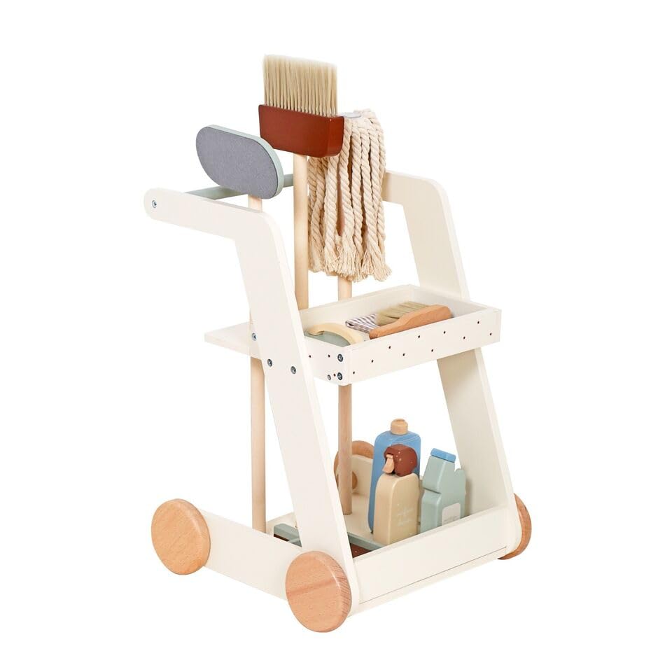 HYGRAD Kids Wooden Cleaning Set Toy Cart Kids Role Play Janitor Cleaning Set Household Pretend Play Childrens Toy Gift Ages 3+ (Two Designs)