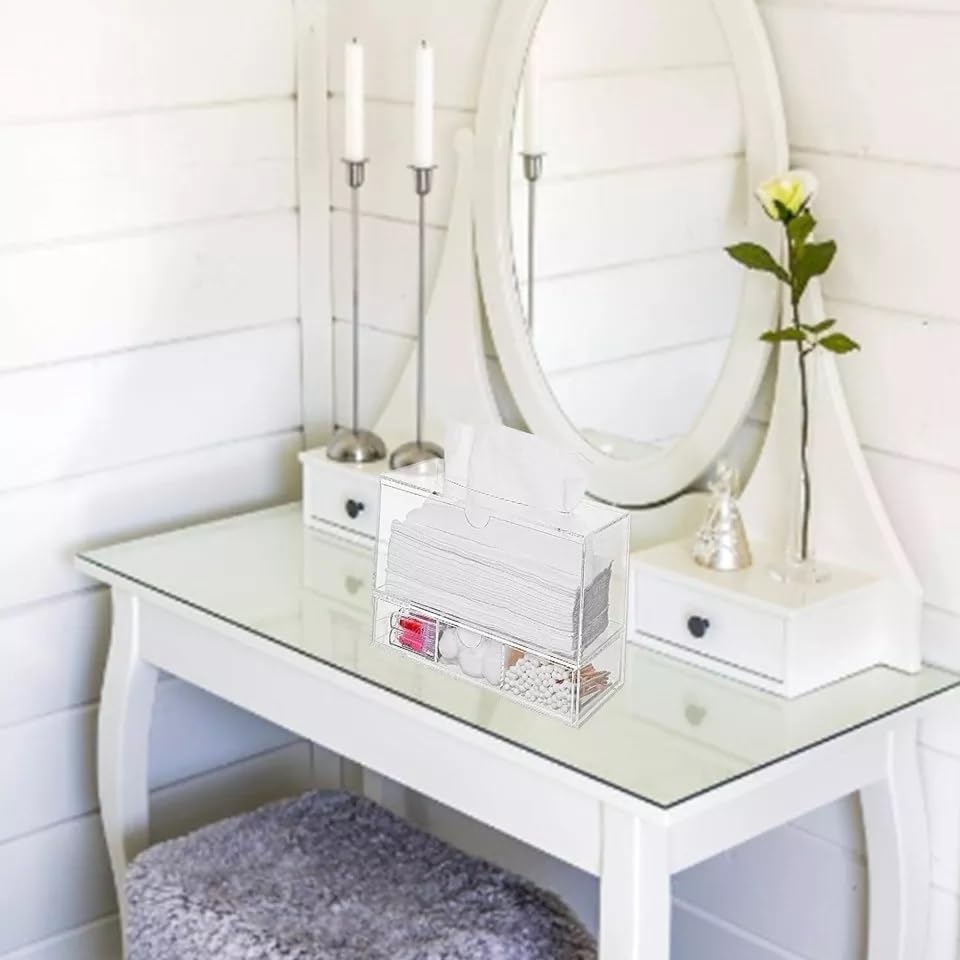 Acrylic Tissue Box with Pull-Out Drawer- 23.6 x 12.6 x 16cm Bathroom Storage for Tissues, Napkins, or Cosmetics. Elegant and Practical Stylish Design for Vanity Desk, Home or Office Use