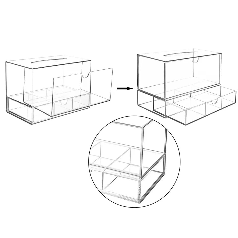 Acrylic Tissue Box with Pull-Out Drawer- 23.6 x 12.6 x 16cm Bathroom Storage for Tissues, Napkins, or Cosmetics. Elegant and Practical Stylish Design for Vanity Desk, Home or Office Use