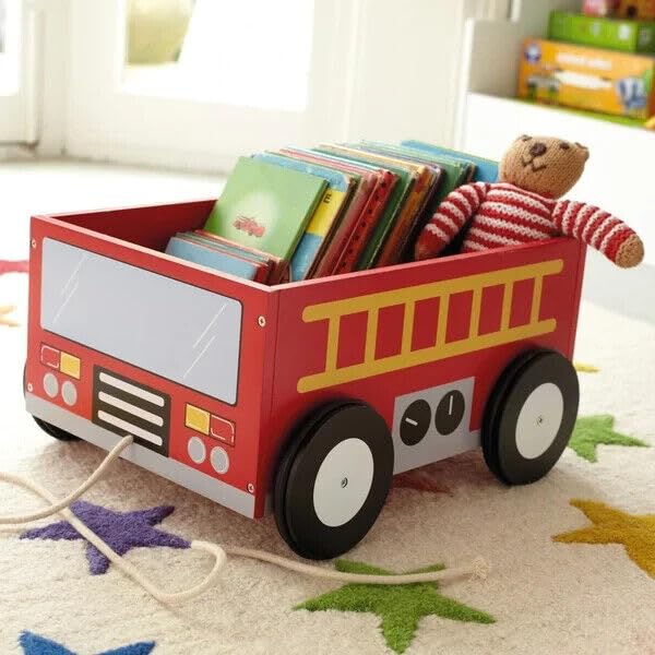 HYGRAD Kids Wooden Toy Box Chest Bus Theme Cart Childrens Toy Storage Cart Pull Along Bedroom Nursery Organiser