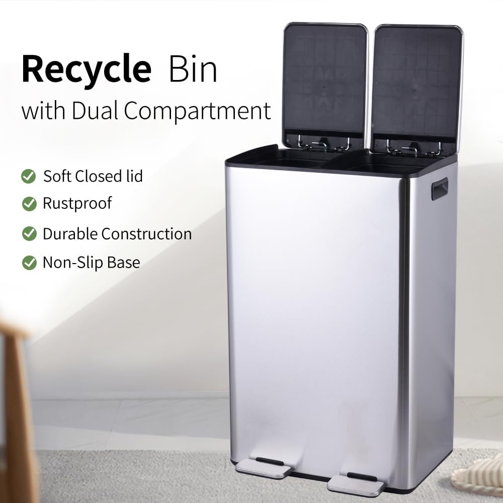 HYGRAD 60L Recycling Bin 2 x 30L Compartment Waste Recycling Bin For Home Kitchen Steel Trash Recycling Bin With Removable Compartments And Soft Closing Lids