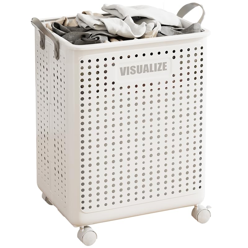 HYGRAD® Foldable Laundry Basket 42L Large Heavy Duty Laundry Hamper On Wheels Fold Away Space Saving Laundry Storage Bin Hamper For Clothes (White)