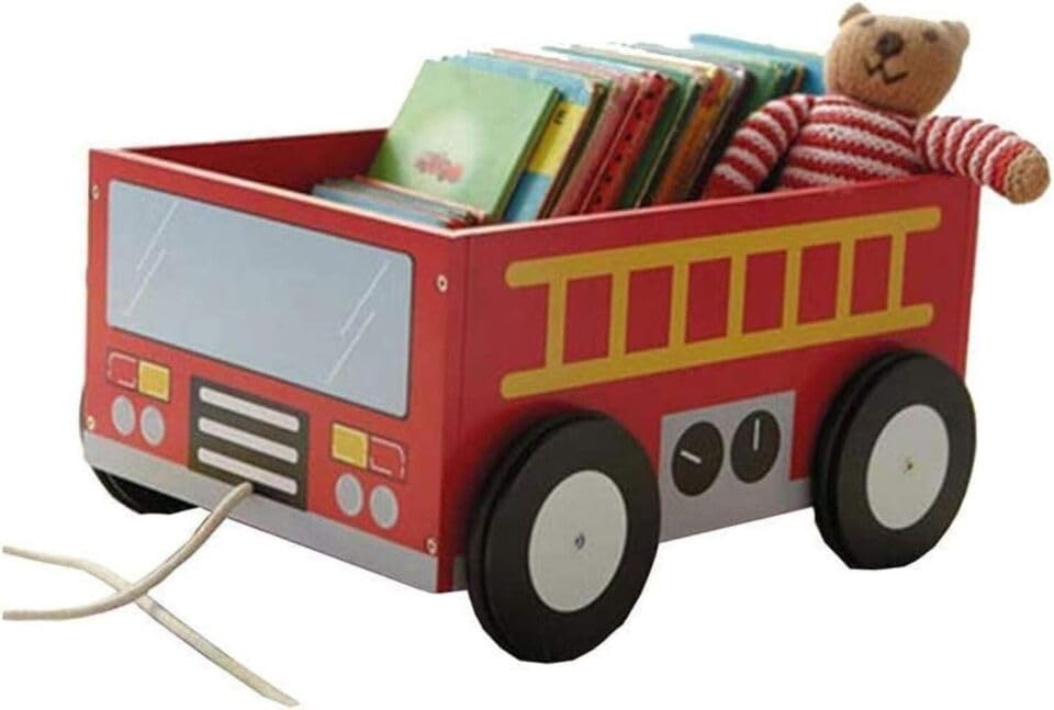 HYGRAD Kids Wooden Toy Box Chest Bus Theme Cart Childrens Toy Storage Cart Pull Along Bedroom Nursery Organiser