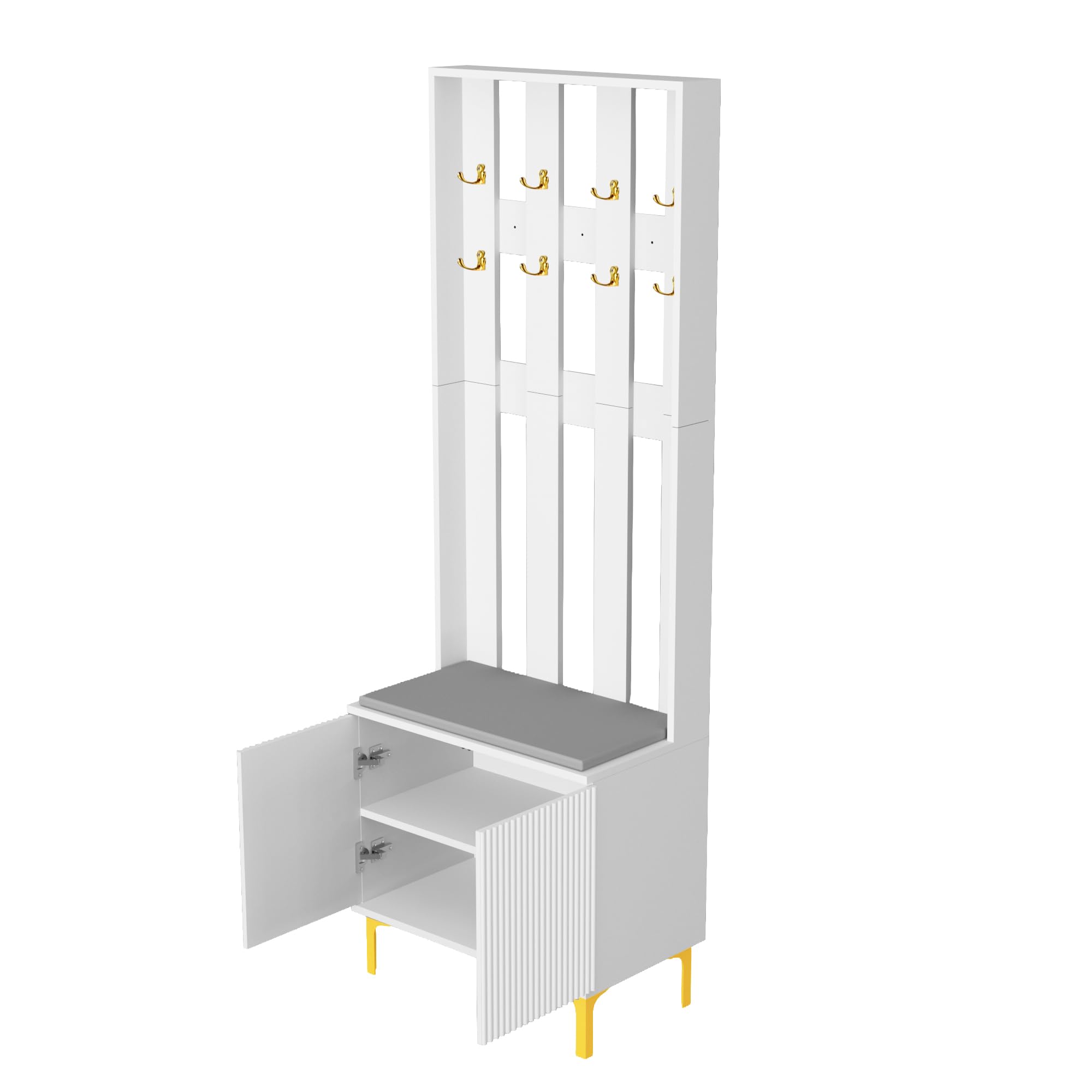 HYGRAD BUILT TO SURVIVE Coat Stand with Shoe Storage - Hallway Unit with 8 Hooks & Storage Bench - Hall Tree Organiser for Entryway with Bench and Cushion Seat - Freestanding Coat Rack (White)