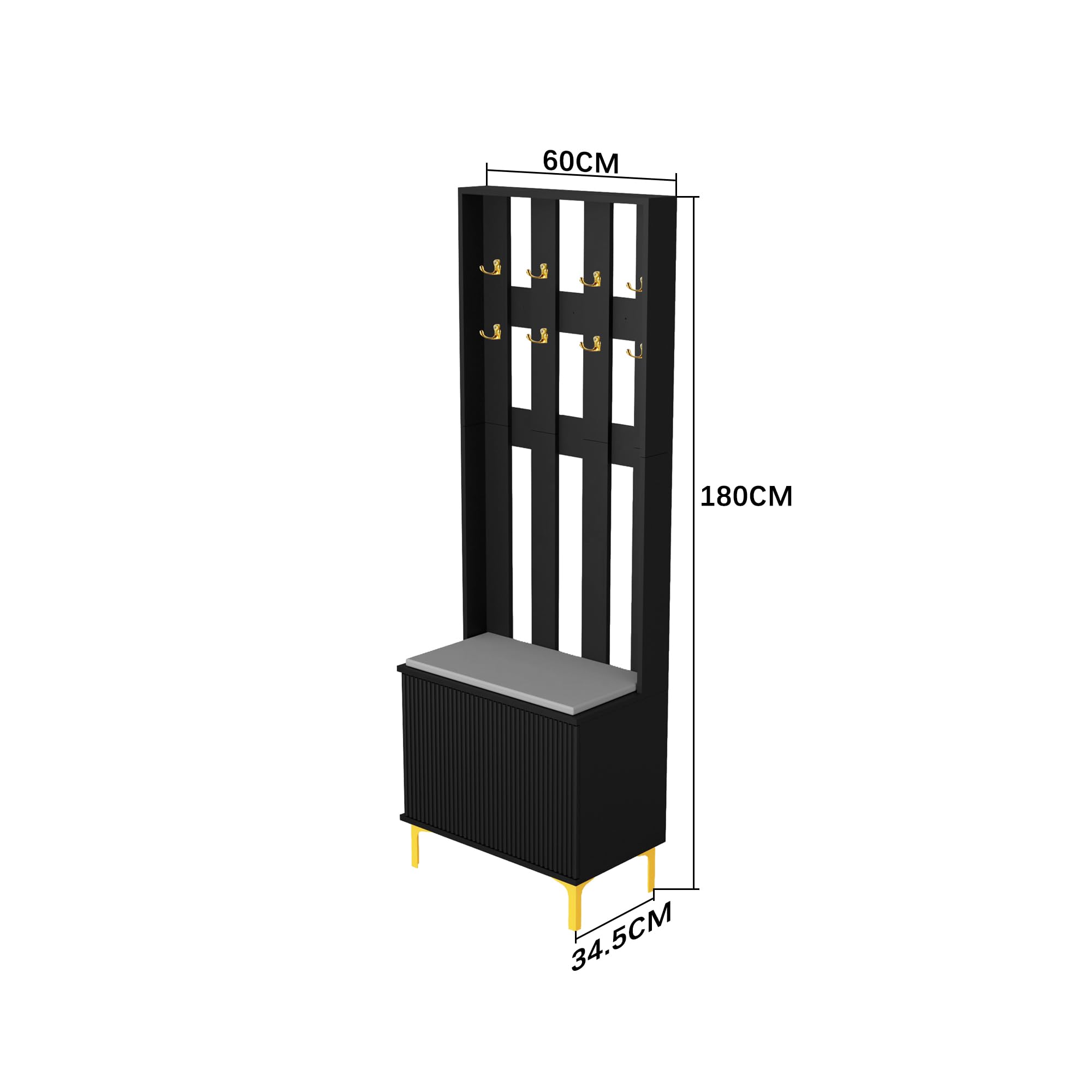 HYGRAD BUILT TO SURVIVE Coat Stand with Shoe Storage - Hallway Unit with 8 Hooks & Storage Bench - Hall Tree Organiser for Entryway with Bench and Cushion Seat - Freestanding Coat Rack (Black)