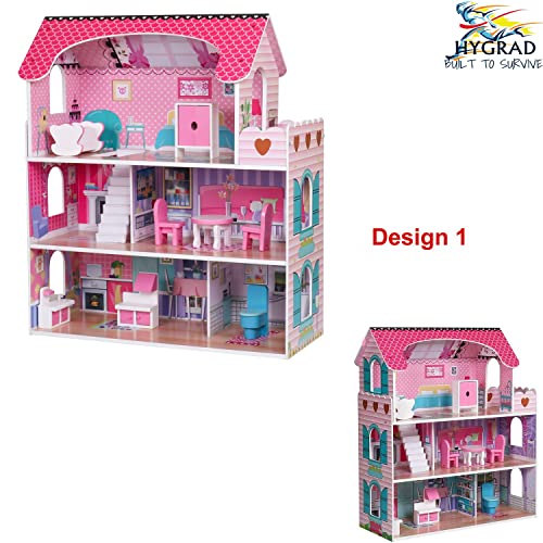 Wooden Kids Doll House All in 1 With Furniture & Staircase Perfect Birthday (Design 1)