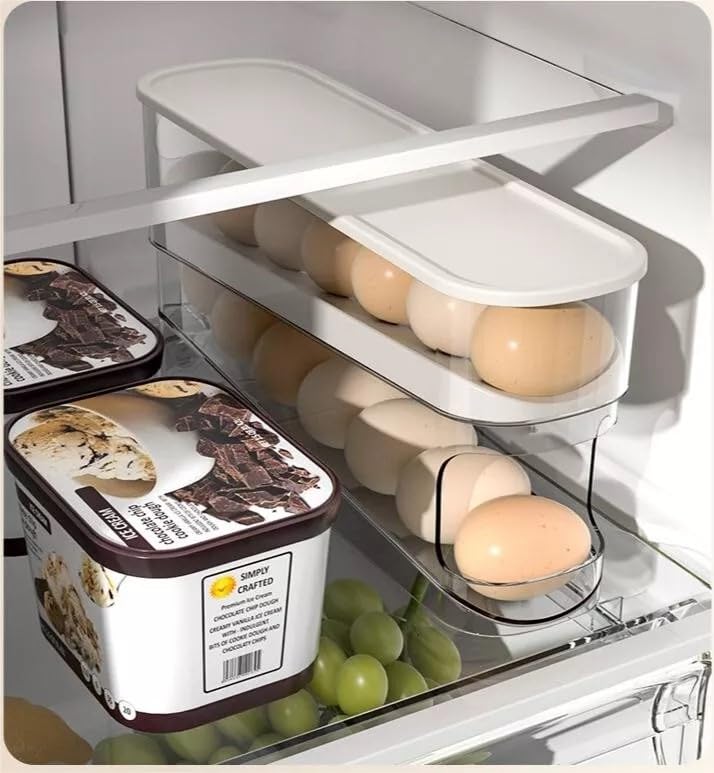 Auto Rolling 2 Tier Eggs Holder Fridge Organisers 30.3 X 8.5 X 14.2 Cm Egg Dispenser Kitchen Roll Down Stackable With Lid Trays Egg Storage Box For Fridge & Kitchen Countertop