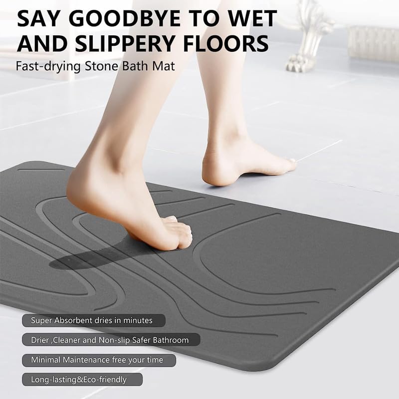 Fast Drying Stone Bath Mat – Diatomite Bathroom Mat with Instant Absorption, Anti-Mould, Odour Resistant, Non-Slip Base, Hygienic Quick Dry Mat Design for Bathroom, Kitchen, Pets & Plants