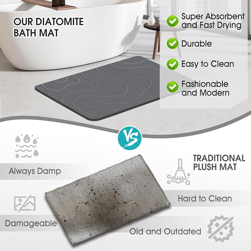 Fast Drying Stone Bath Mat – Diatomite Bathroom Mat with Instant Absorption, Anti-Mould, Odour Resistant, Non-Slip Base, Hygienic Quick Dry Mat Design for Bathroom, Kitchen, Pets & Plants
