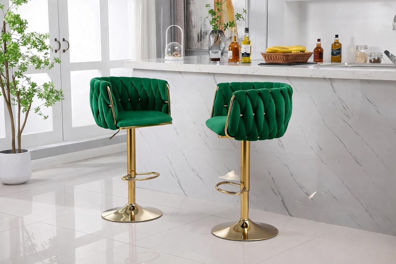 Modern 2-in-1 Bar Stool - 360° Swivel, Gold Base, Velvet, Kitchen Island Bar Chairs