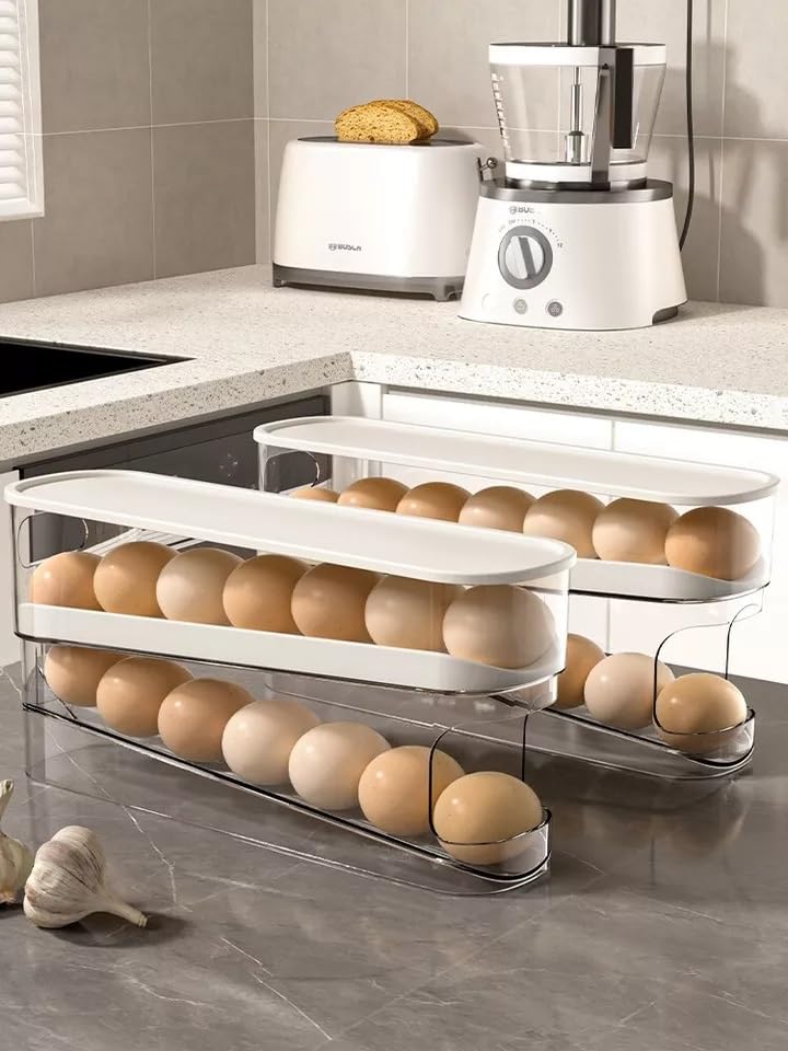 Auto Rolling 2 Tier Eggs Holder Fridge Organisers 30.3 X 8.5 X 14.2 Cm Egg Dispenser Kitchen Roll Down Stackable With Lid Trays Egg Storage Box For Fridge & Kitchen Countertop