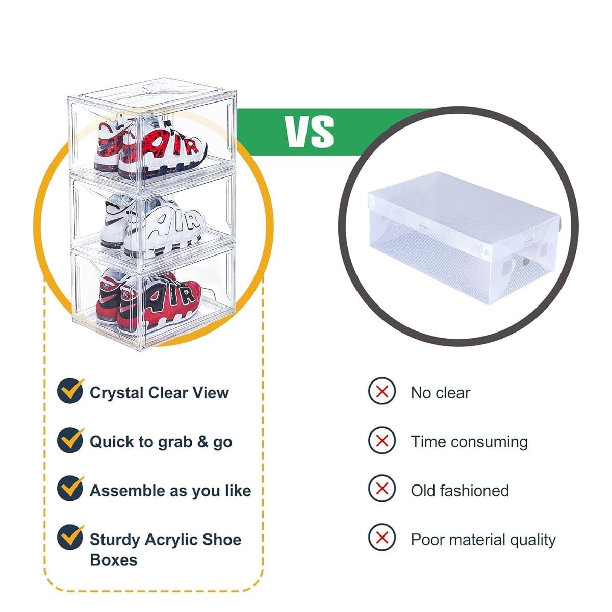 𝗛𝗬𝗚𝗥𝗔𝗗® Acrylic Shoe Storage Boxes – Stackable Shoe Cabinet For Closet, Space Saving Shoe Organizer With Magnetic Doors 2 Lids Open For Sneakers, Trainers, Pumps, Heels, Flats