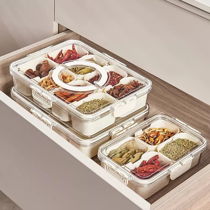Snack Box With 8 Compartments - Portable Snackle for Fruit, Veges, Candy, Nuts - Perfect Masala Dabba for Seasoning, Spice and Herb - Ideal for Party and Picnic (8 Section)