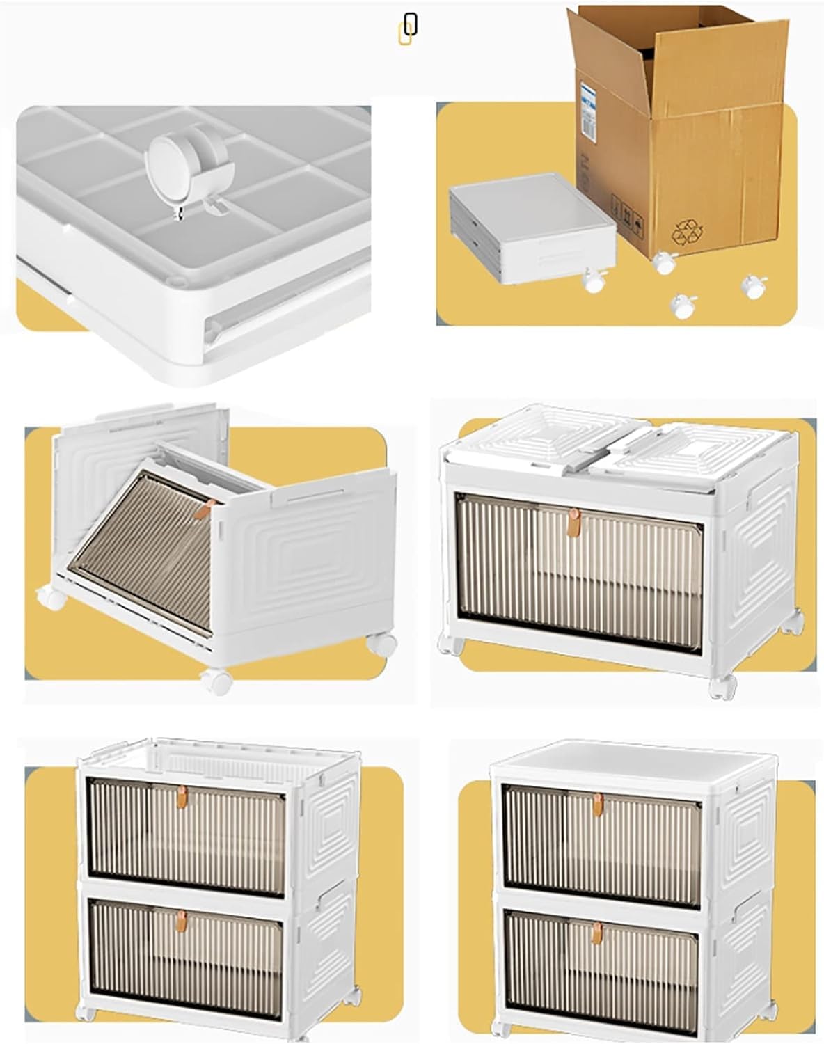 Foldable White Plastic Shoe Box 2/3/4/5/6 Tier Stackable Storage Cabinet - Rolling Wardrobe Storage Organizer Containers With Lid & Lockable Wheels
