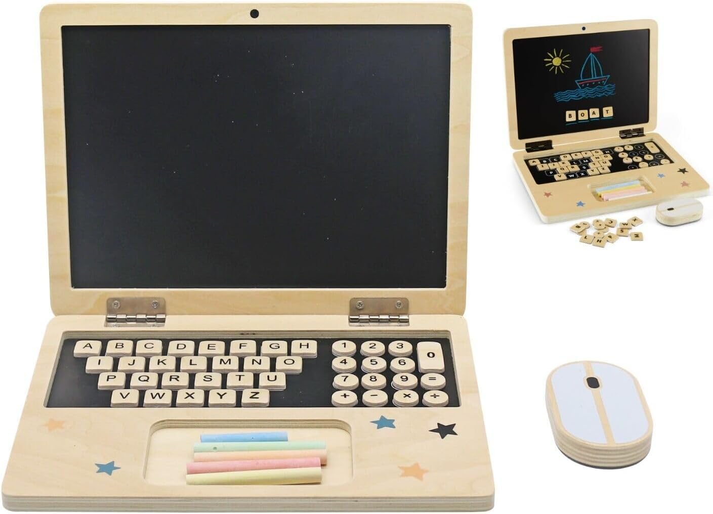 Pretend Computer Program Kids Wooden LapTop And Chalkboard Magnetic Pretend Play Set Early ...
