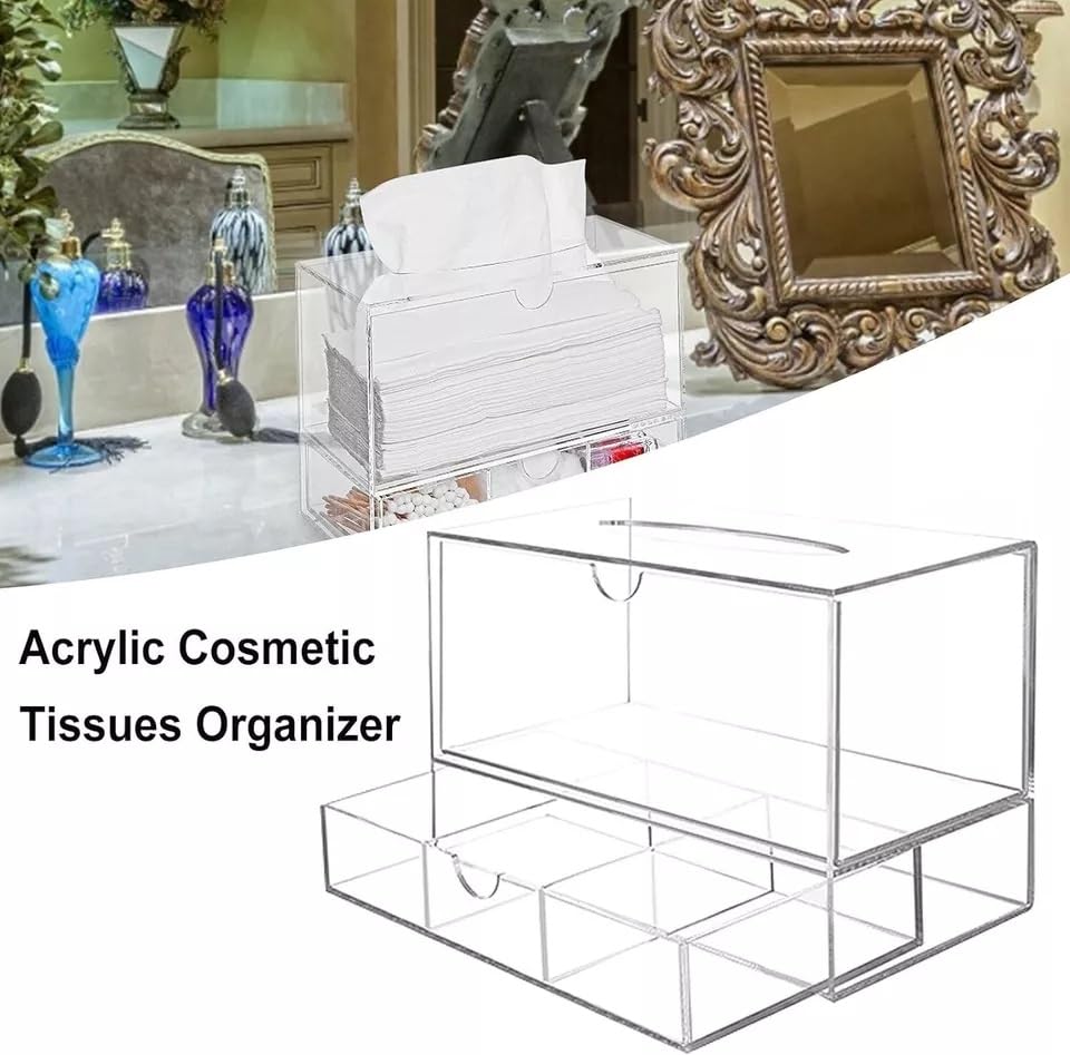Acrylic Tissue Box with Pull-Out Drawer- 23.6 x 12.6 x 16cm Bathroom Storage for Tissues, Napkins, or Cosmetics. Elegant and Practical Stylish Design for Vanity Desk, Home or Office Use