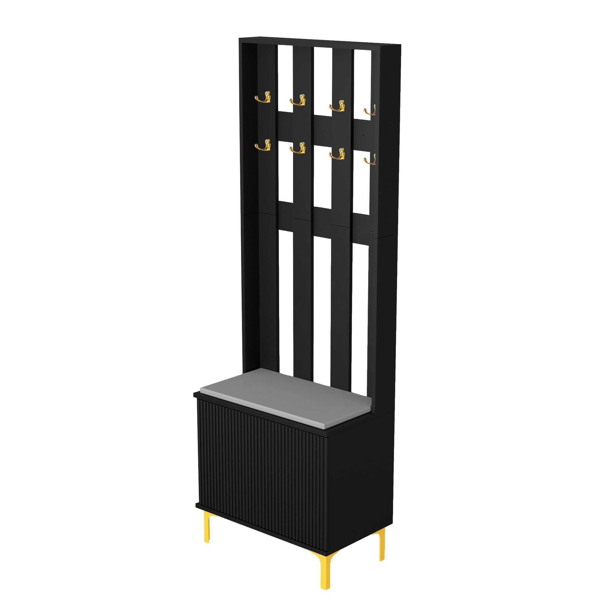 HYGRAD BUILT TO SURVIVE Coat Stand with Shoe Storage - Hallway Unit with 8 Hooks & Storage Bench - Hall Tree Organiser for Entryway with Bench and Cushion Seat - Freestanding Coat Rack (Black)