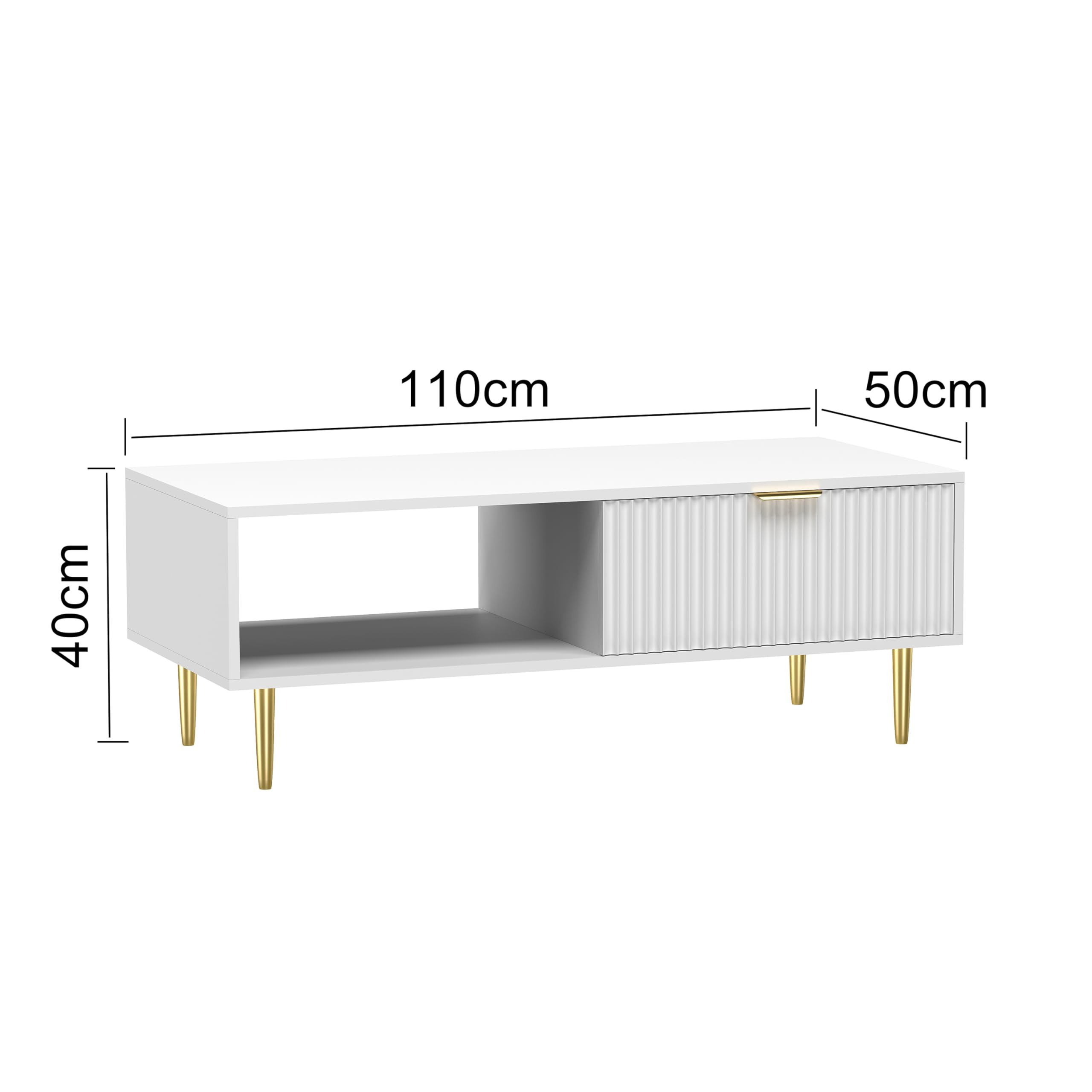 HYGRAD® Large Wooden Coffee Table For Living Room With Storage Drawer Modern Styled Rectangular Coffee Table & TV Stand Unit With Gold Legs White - Dimensions - 110cm x 50cm x 40cm (L x D x H)