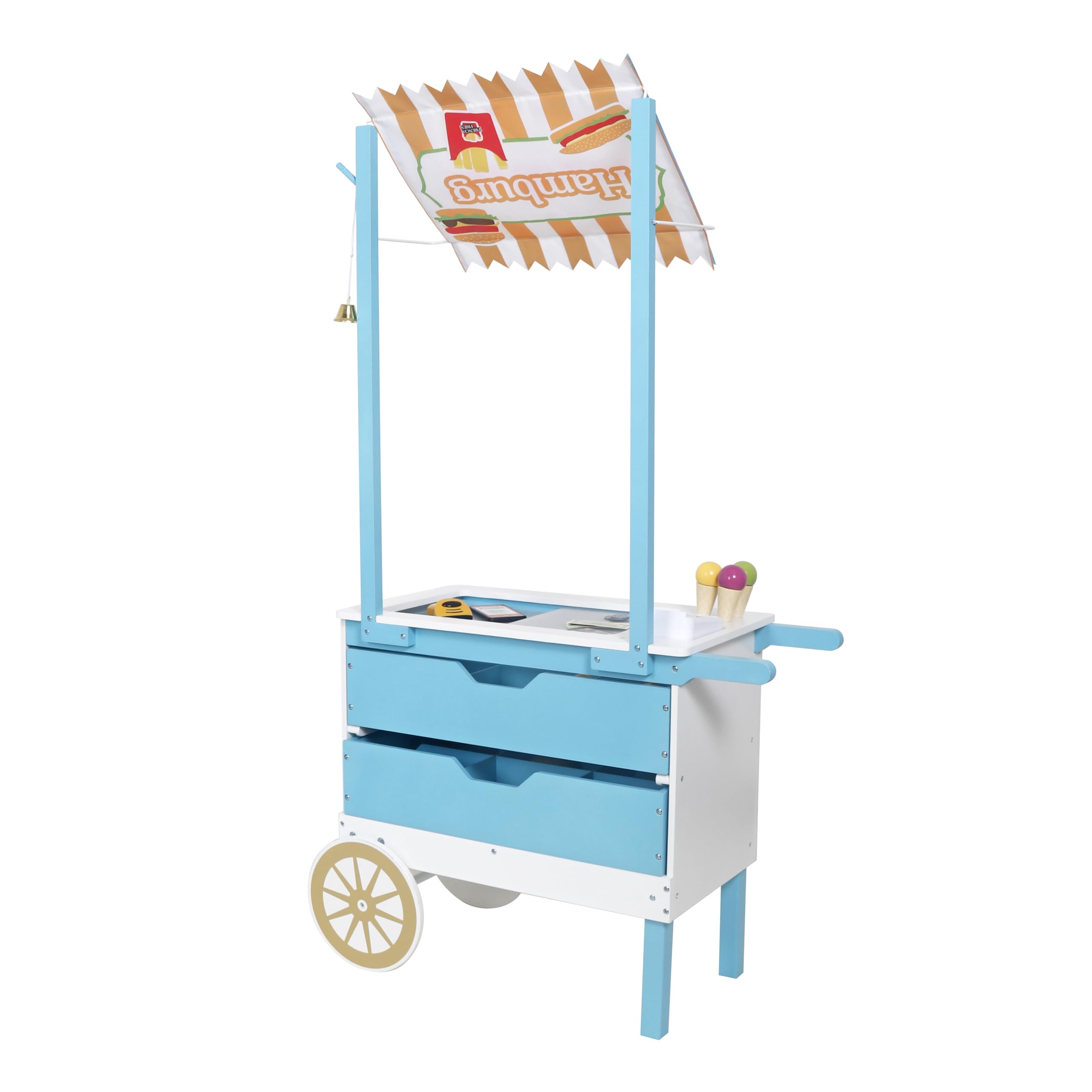 HYGRAD Kids Wooden Food Cart Ice Cream Shop Toy Childrens 3+ Burger Cart Pretend Play Toy With Accessories Large Gift Play Set Gift For Kids