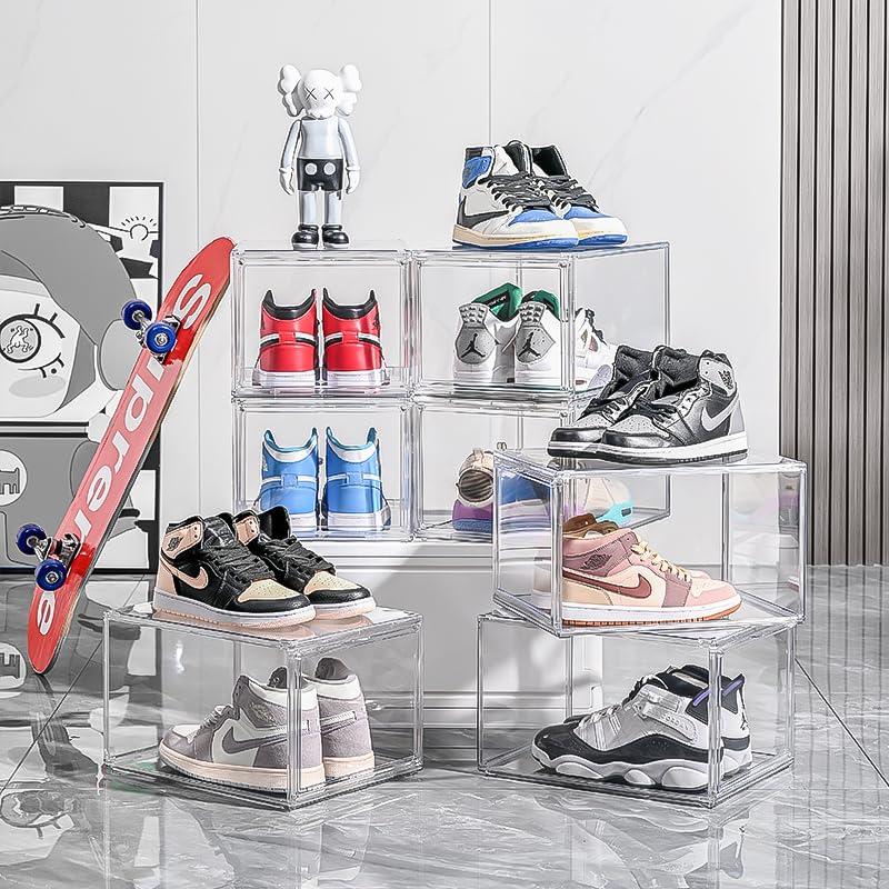 𝗛𝗬𝗚𝗥𝗔𝗗® Acrylic Shoe Storage Boxes – Stackable Shoe Cabinet For Closet, Space Saving Shoe Organizer With Magnetic Doors 2 Lids Open For Sneakers, Trainers, Pumps, Heels, Flats